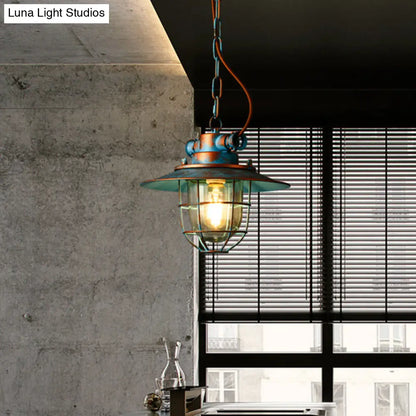 Industrial Metal Pendant Lamp with Wide Flare and Cage in White/Blue