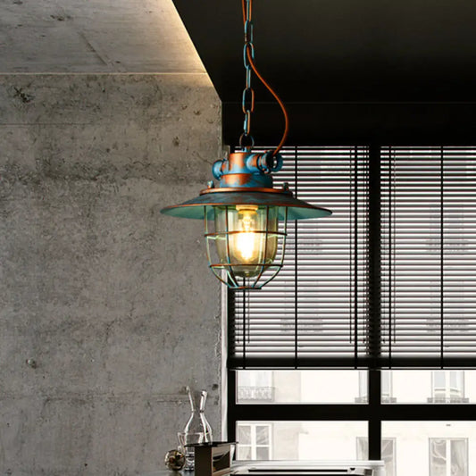 Industrial Metal Pendant Lamp with Wide Flare and Cage in White/Blue