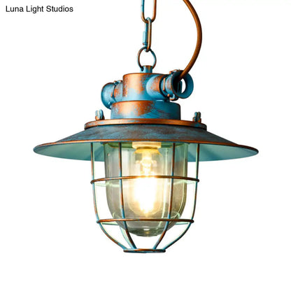 Industrial Metal Pendant Lamp with Wide Flare and Cage in White/Blue