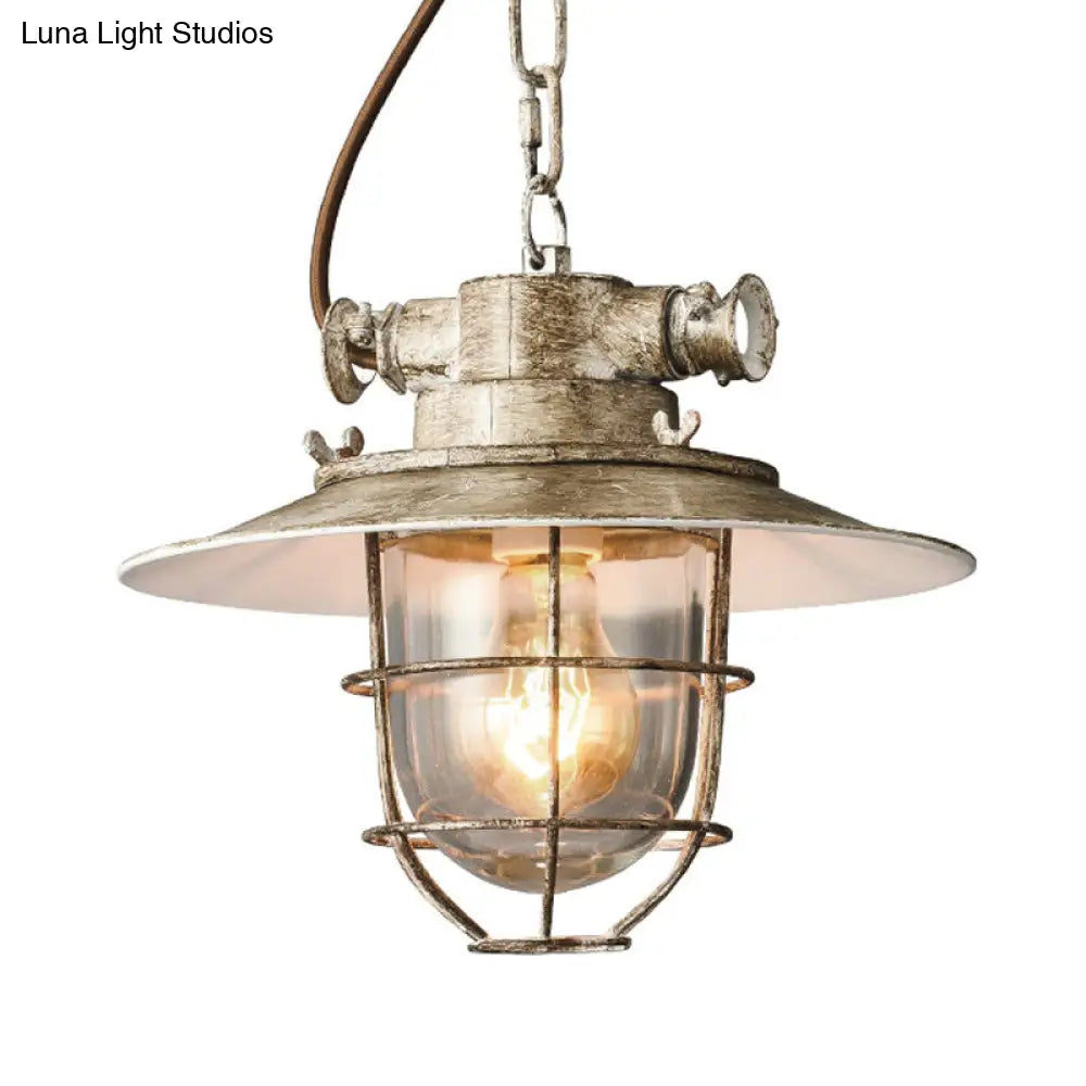 Industrial Metal Pendant Lamp with Wide Flare and Cage in White/Blue