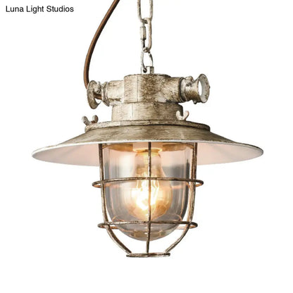 Industrial Metal Pendant Lamp with Wide Flare and Cage in White/Blue