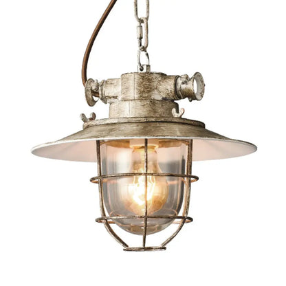 Industrial Metal Pendant Lamp with Wide Flare and Cage in White/Blue