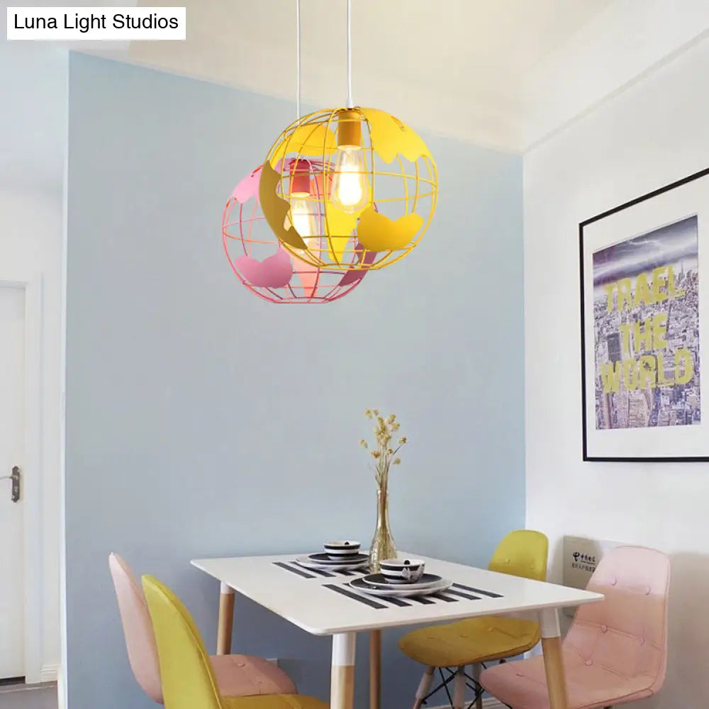 Industrial Metal Pendant Light: 1-Light Living Room Hanging Lamp, Globe Cage Design (8"/12" Wide) in Black, White, or Pink