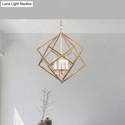 Industrial Metal Pendant Light Fixture - Prismatic/Rhombus Cage Shade, 4-Light Suspension in Gold