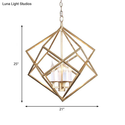 Industrial Metal Pendant Light Fixture - Prismatic/Rhombus Cage Shade, 4-Light Suspension in Gold