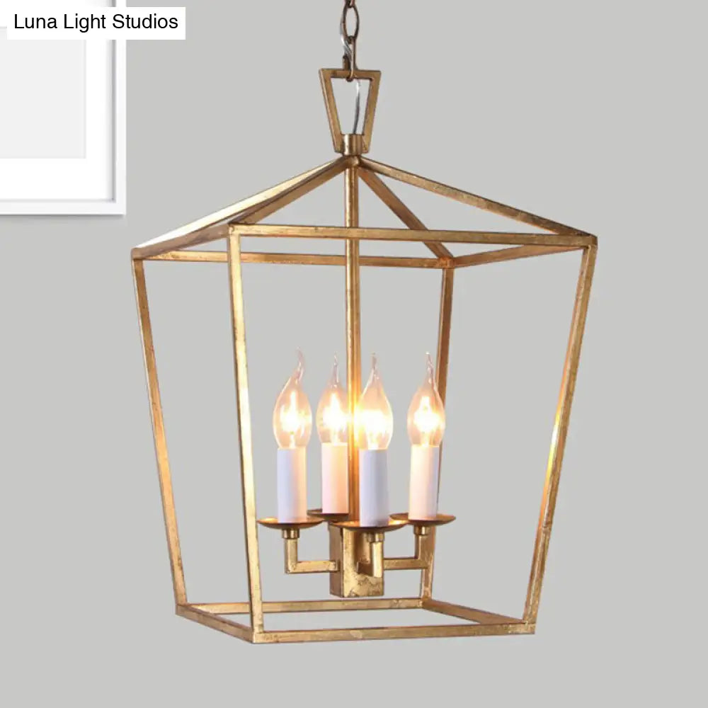 Industrial Metal Pendant Light Fixture - Prismatic/Rhombus Cage Shade, 4-Light Suspension in Gold