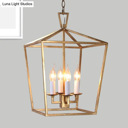 Industrial Metal Pendant Light Fixture - Prismatic/Rhombus Cage Shade, 4-Light Suspension in Gold