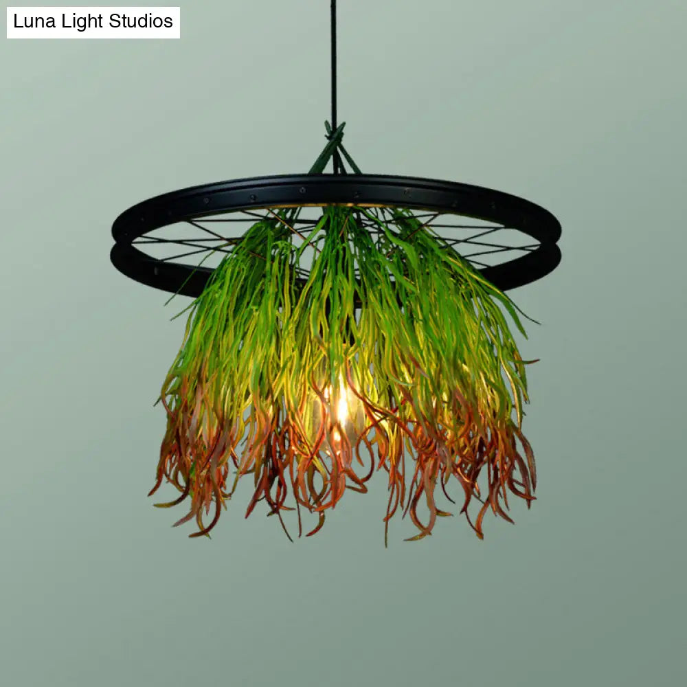 Industrial Metal Pendant Light Fixture - Wheel Restaurant Suspension with Black Finish and Artificial Plant Accent