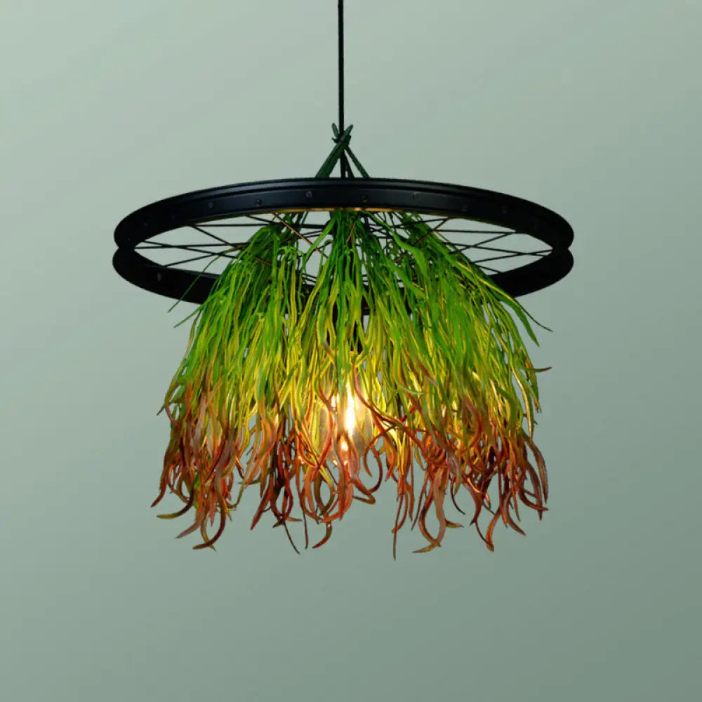 Industrial Metal Pendant Light Fixture - Wheel Restaurant Suspension with Black Finish and Artificial Plant Accent