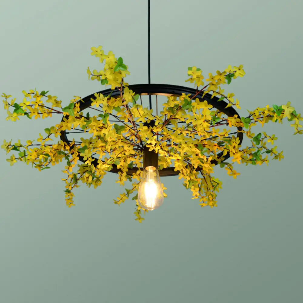 Industrial Metal Pendant Light Fixture - Wheel Restaurant Suspension with Black Finish and Artificial Plant Accent