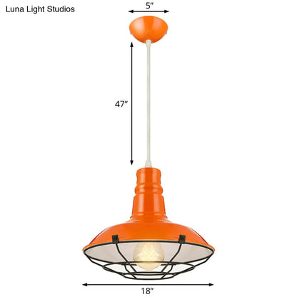 Industrial Metal Pendant Light Fixture with Wire Guard - Orange/Blue/Green Bowl Design - 10"/14"/18" Dia - Ideal for Dining Rooms