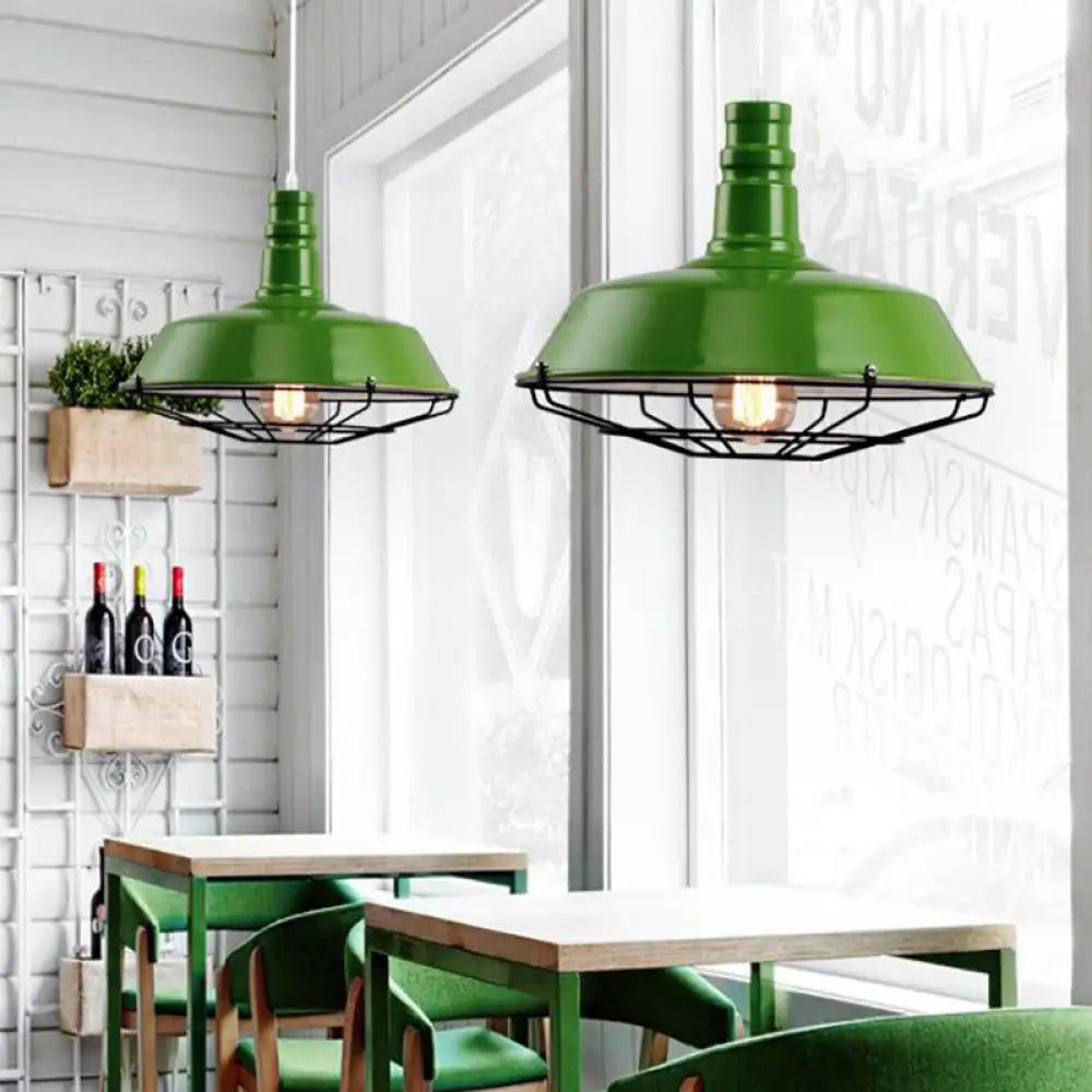 Industrial Metal Pendant Light Fixture with Wire Guard - Orange/Blue/Green Bowl Design - 10"/14"/18" Dia - Ideal for Dining Rooms