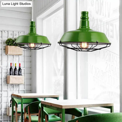 Industrial Metal Pendant Light Fixture with Wire Guard - Orange/Blue/Green Bowl Design - 10"/14"/18" Dia - Ideal for Dining Rooms