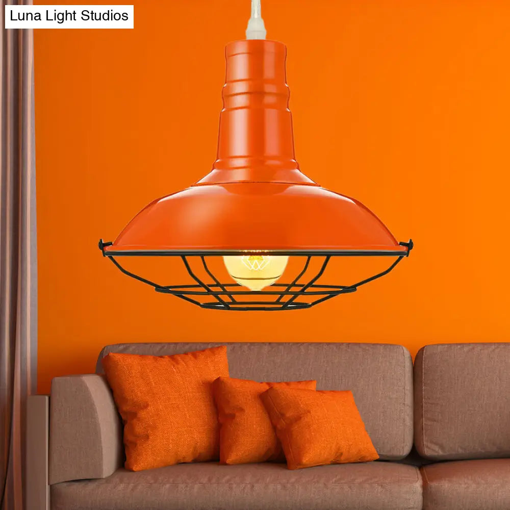 Industrial Metal Pendant Light Fixture with Wire Guard - Orange/Blue/Green Bowl Design - 10"/14"/18" Dia - Ideal for Dining Rooms