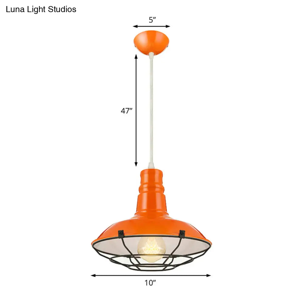 Industrial Metal Pendant Light Fixture with Wire Guard - Orange/Blue/Green Bowl Design - 10"/14"/18" Dia - Ideal for Dining Rooms