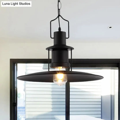 Industrial Metal Pendant Light - Flat Cone Shade, 1-Light Dining Room Hanging Fixture in Black, 16" Width