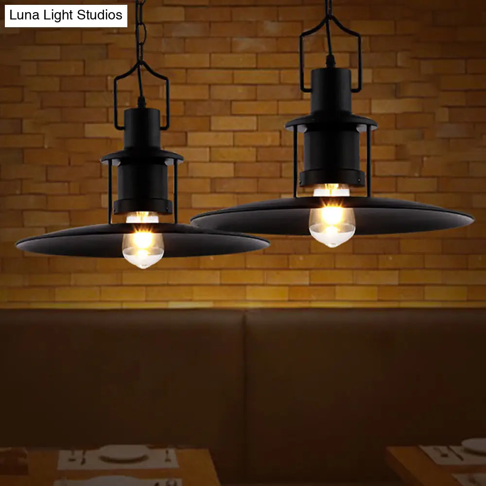 Industrial Metal Pendant Light - Flat Cone Shade, 1-Light Dining Room Hanging Fixture in Black, 16" Width