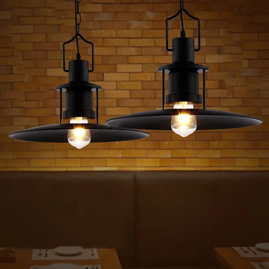 Industrial Metal Pendant Light - Flat Cone Shade, 1-Light Dining Room Hanging Fixture in Black, 16" Width