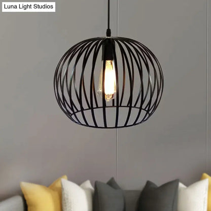 Industrial Metal Pendant Light in Satin Black - 12"/14" Wide Globe Cage, 1 Bulb, Perfect for Living Room