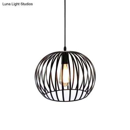 Industrial Metal Pendant Light in Satin Black - 12"/14" Wide Globe Cage, 1 Bulb, Perfect for Living Room