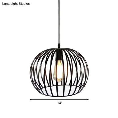 Industrial Metal Pendant Light in Satin Black - 12"/14" Wide Globe Cage, 1 Bulb, Perfect for Living Room