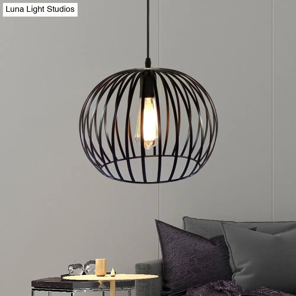 Industrial Metal Pendant Light in Satin Black - 12"/14" Wide Globe Cage, 1 Bulb, Perfect for Living Room