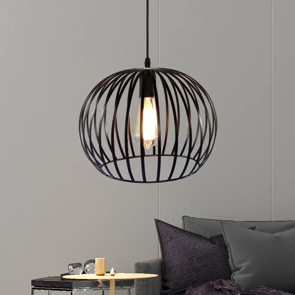 Industrial Metal Pendant Light in Satin Black - 12"/14" Wide Globe Cage, 1 Bulb, Perfect for Living Room