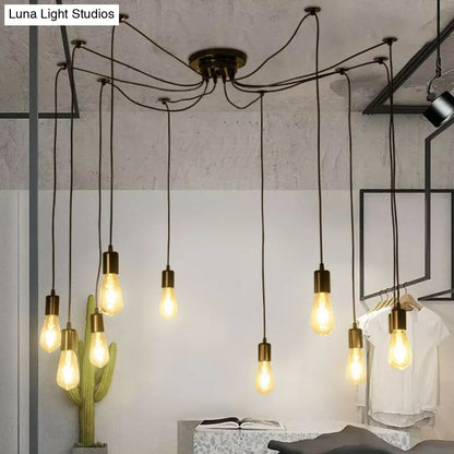 Industrial Metal Pendant Light with 10 Black Naked Bulb Heads - Perfect Garage Swag Hanging Lamp