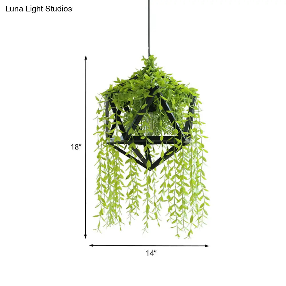 Industrial Metal Pendant Light with Black Faceted Design - 1 Head Dining Room Hanging Fixture, Fake Vine Deco Included