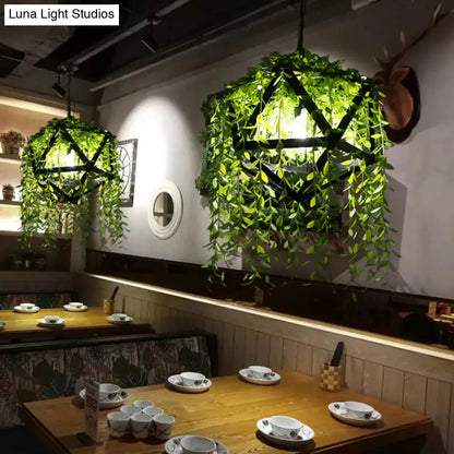 Industrial Metal Pendant Light with Black Faceted Design - 1 Head Dining Room Hanging Fixture, Fake Vine Deco Included