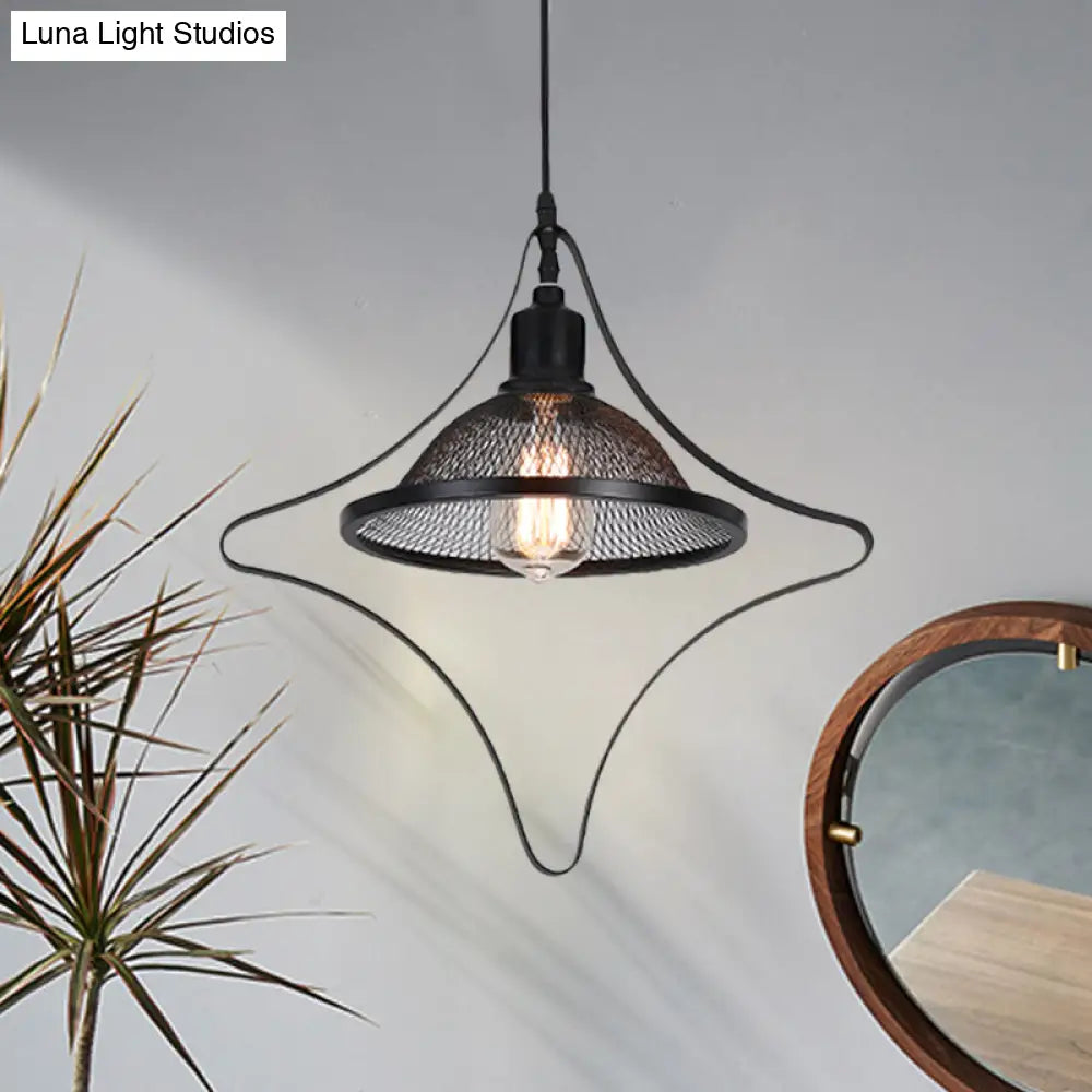 Industrial Metal Pendant Light with Black Rhombus/Round Pendant and Mesh Flared Shade