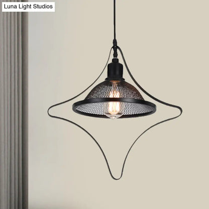 Industrial Metal Pendant Light with Black Rhombus/Round Pendant and Mesh Flared Shade