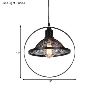 Industrial Metal Pendant Light with Black Rhombus/Round Pendant and Mesh Flared Shade