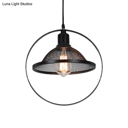 Industrial Metal Pendant Light with Black Rhombus/Round Pendant and Mesh Flared Shade