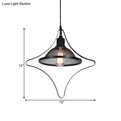 Industrial Metal Pendant Light with Black Rhombus/Round Pendant and Mesh Flared Shade