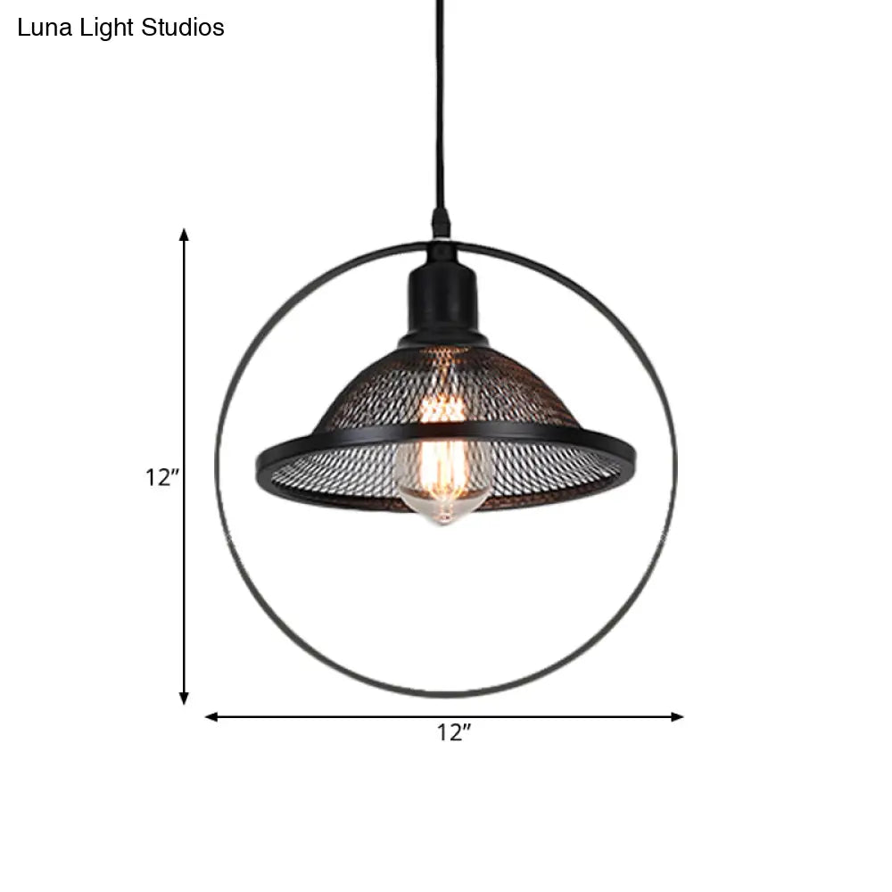 Industrial Metal Pendant Light with Black Rhombus/Round Pendant and Mesh Flared Shade