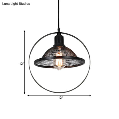 Industrial Metal Pendant Light with Black Rhombus/Round Pendant and Mesh Flared Shade