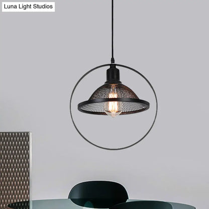 Industrial Metal Pendant Light with Black Rhombus/Round Pendant and Mesh Flared Shade