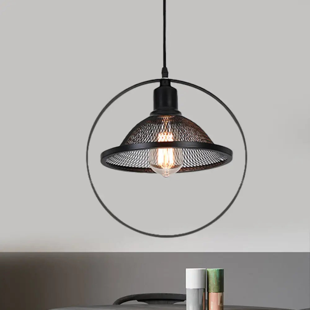 Industrial Metal Pendant Light with Black Rhombus/Round Pendant and Mesh Flared Shade