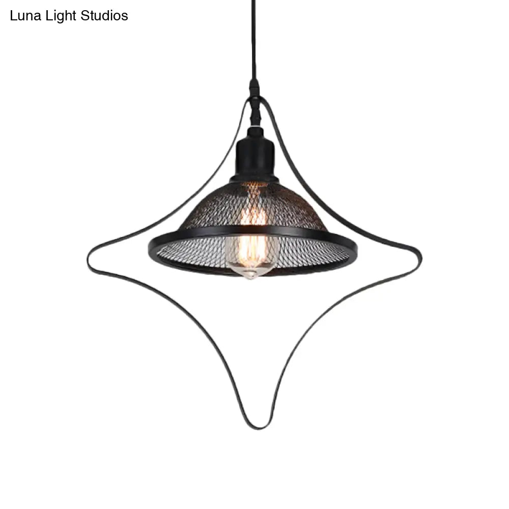 Industrial Metal Pendant Light with Black Rhombus/Round Pendant and Mesh Flared Shade