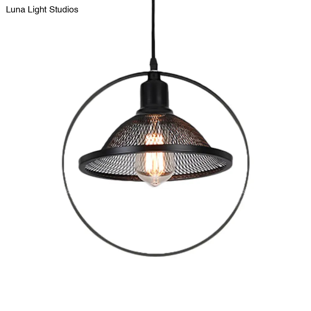 Industrial Metal Pendant Light with Black Rhombus/Round Pendant and Mesh Flared Shade