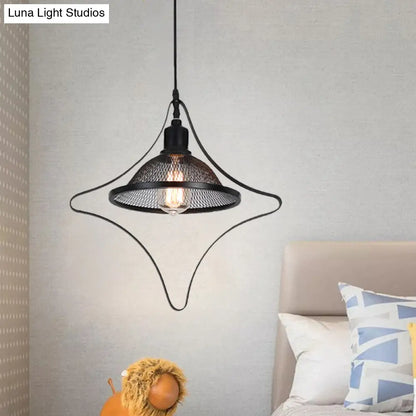 Industrial Metal Pendant Light with Black Rhombus/Round Pendant and Mesh Flared Shade