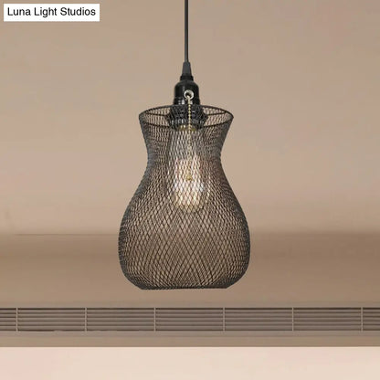 Industrial Metal Pendant Light with Black Wire Cage - Stylish Dining Room Hanging Fixture