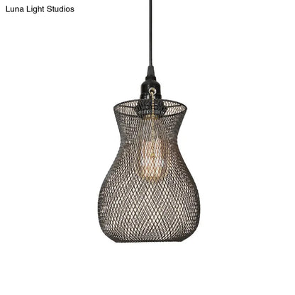 Industrial Metal Pendant Light with Black Wire Cage - Stylish Dining Room Hanging Fixture