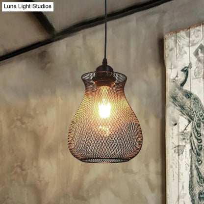 Industrial Metal Pendant Light with Black Wire Cage - Stylish Dining Room Hanging Fixture