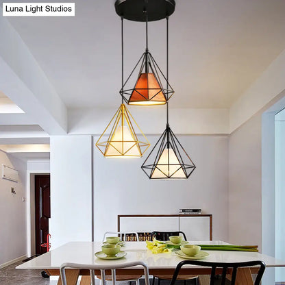 Industrial Metal Pendant Light with Diamond Cage Design - 3 Bulbs, Yellow/Black, for Dining Room