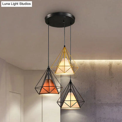 Industrial Metal Pendant Light with Diamond Cage Design - 3 Bulbs, Yellow/Black, for Dining Room