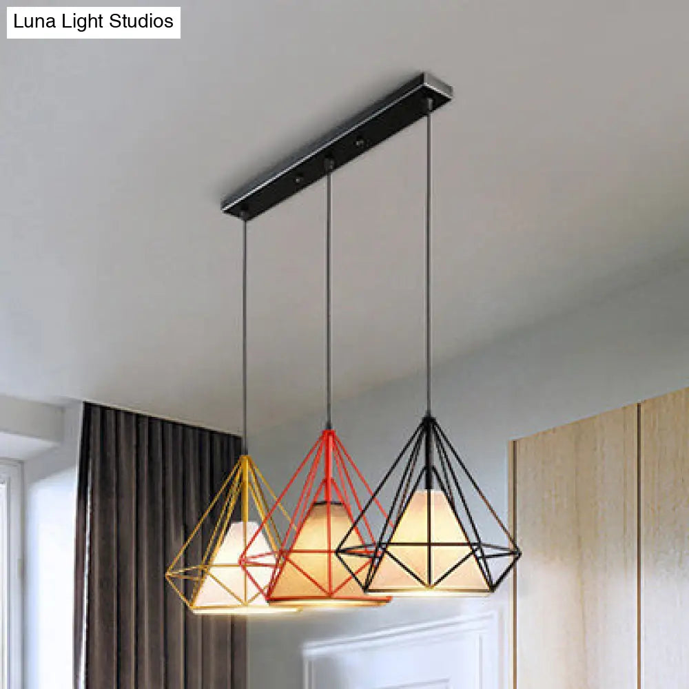 Industrial Metal Pendant Light with Diamond Cage Design - 3 Bulbs, Yellow/Black, for Dining Room