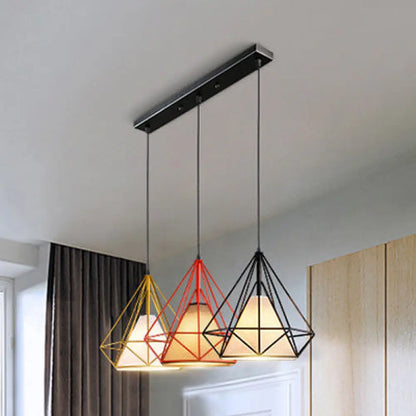 Industrial Metal Pendant Light with Diamond Cage Design - 3 Bulbs, Yellow/Black, for Dining Room