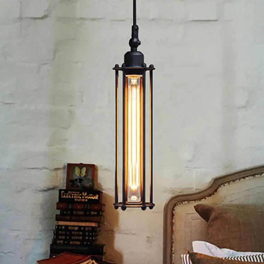 Industrial Metal Pendant Light with Tube Shade and Wire Guard - Black Finish